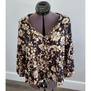 NEW Free People Top Women XS Black Pink Green Linen Shirt Floral Boho Oversized